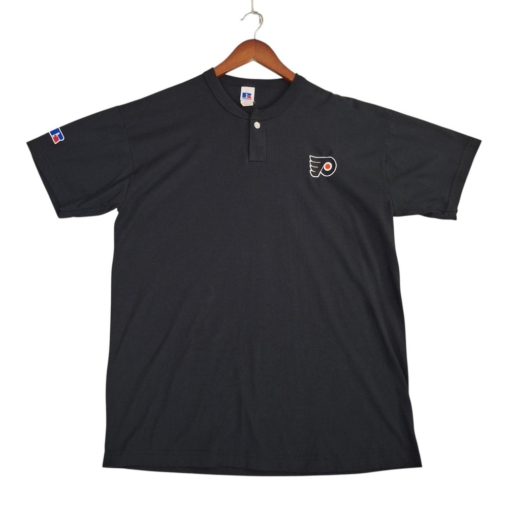 Vintage Russell Athletic Philadelphia Flyers Henley Shirt Mens Large Black NHL